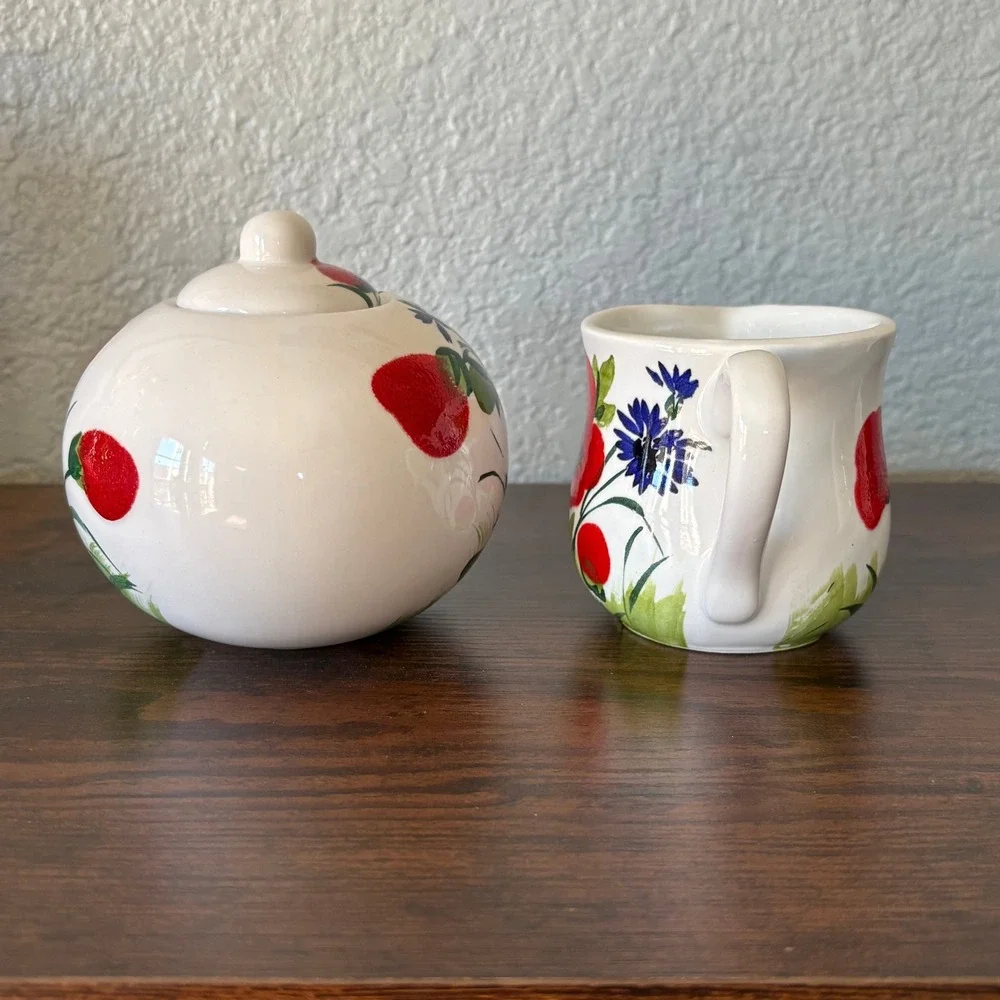 Vintage Italian Hand Painted Poppy Sugar‎ Bowl & Creamer Set Mid Century Pottery
